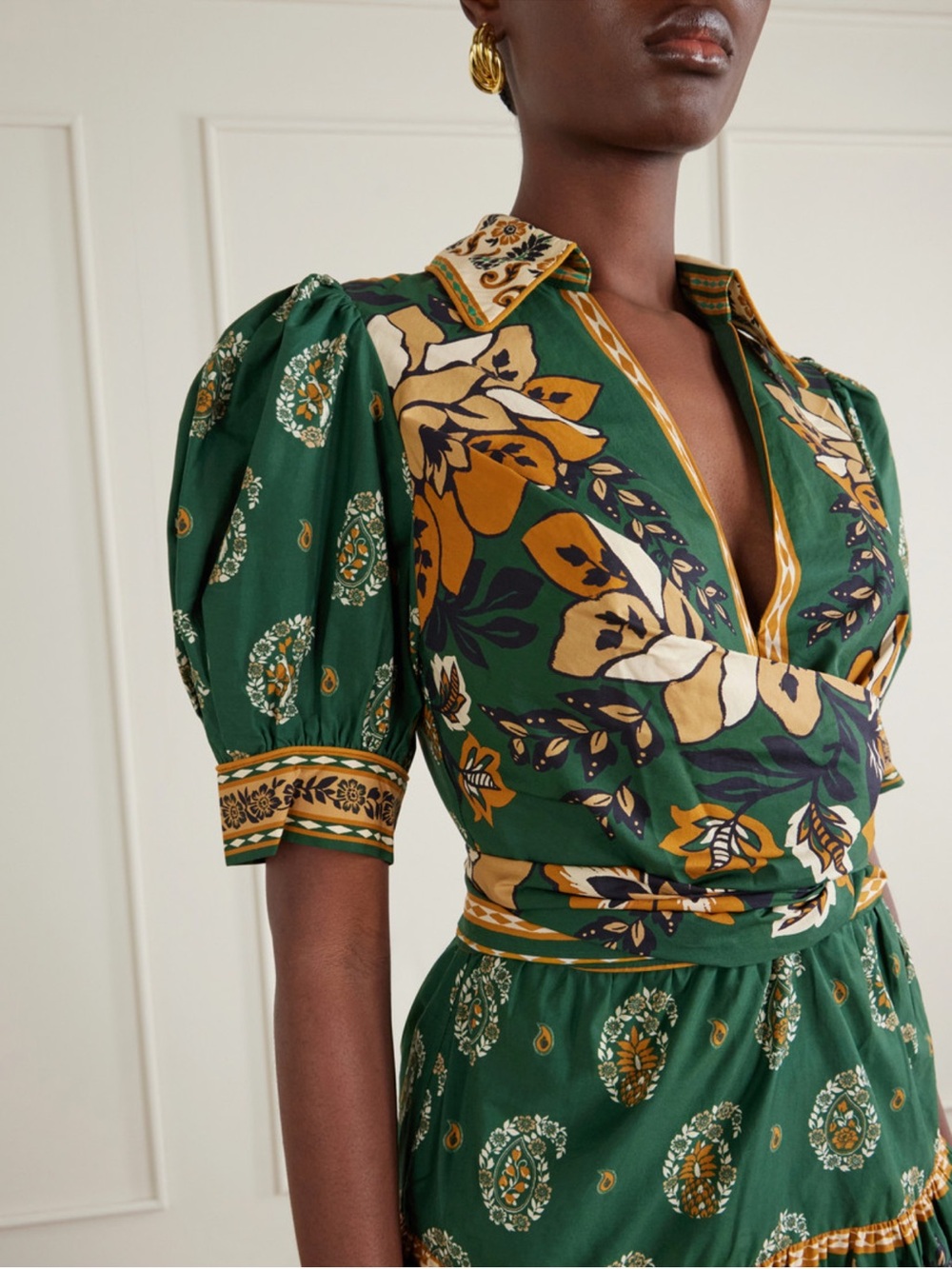 NWT FARM Rio Green Floral Wrap Mini Dress with Mustard Accents - Picture 4 of 4